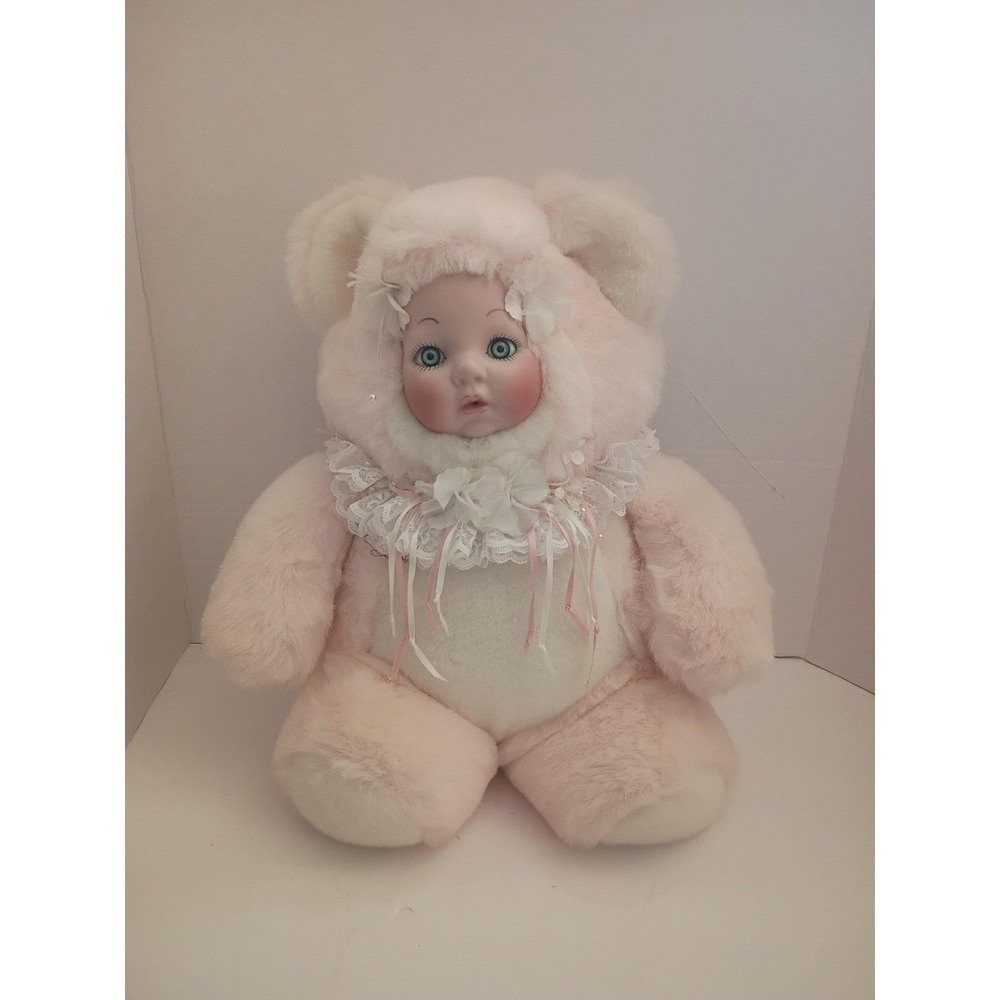 Vintage Porcelain Face Pink Teddy Bear Plush Doll Lace Collar Blue Eyes‎ 12 Inch